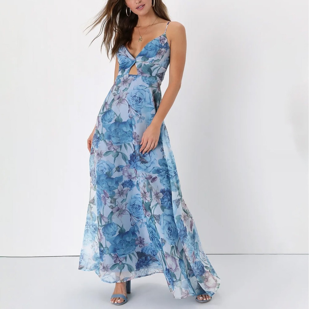 Lulus NEW Enchanting Entrance Blue Floral Organza Keyhole Maxi Dress Womens S
